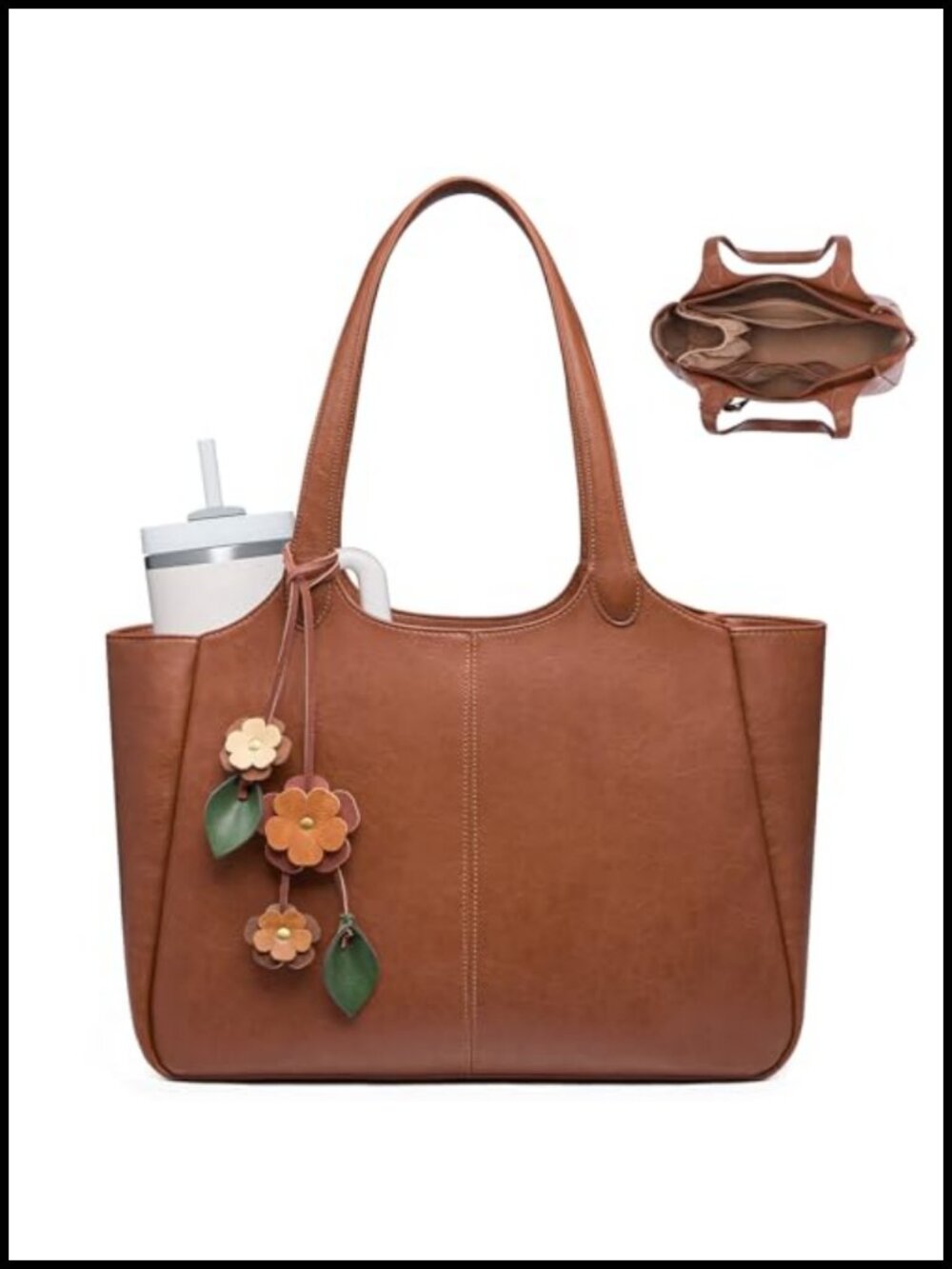 Faux Leather Tote Bag with 40oz Cup Holder Laptop Work Shoulder Bag